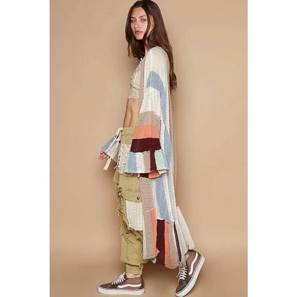 POL colorblock ruffle trim long duster cardigan oversized soft cozy knit boho S - Picture 4 of 13